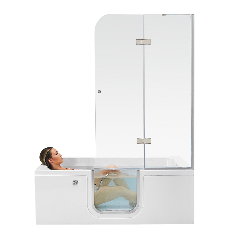 Woman relaxing in a deep soaking walk-in tub with glass shower screen