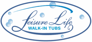 Leisure Life Walk-In Tubs logo with blue bubbles and elegant script