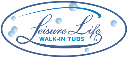 Leisure Life Walk-In Tubs logo with blue bubbles and elegant script