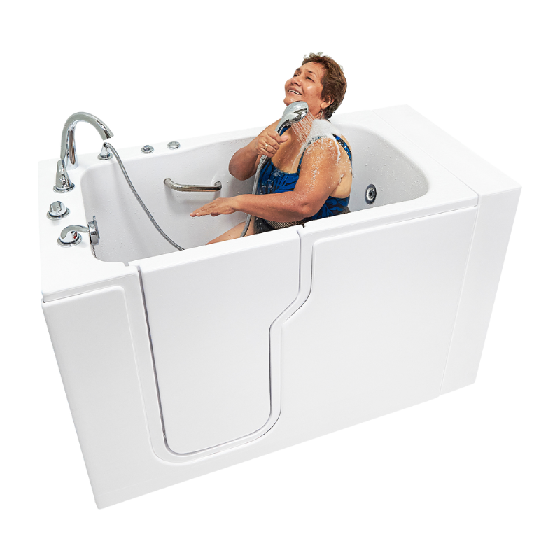 Smiling senior woman using a walk-in tub with outward swinging door