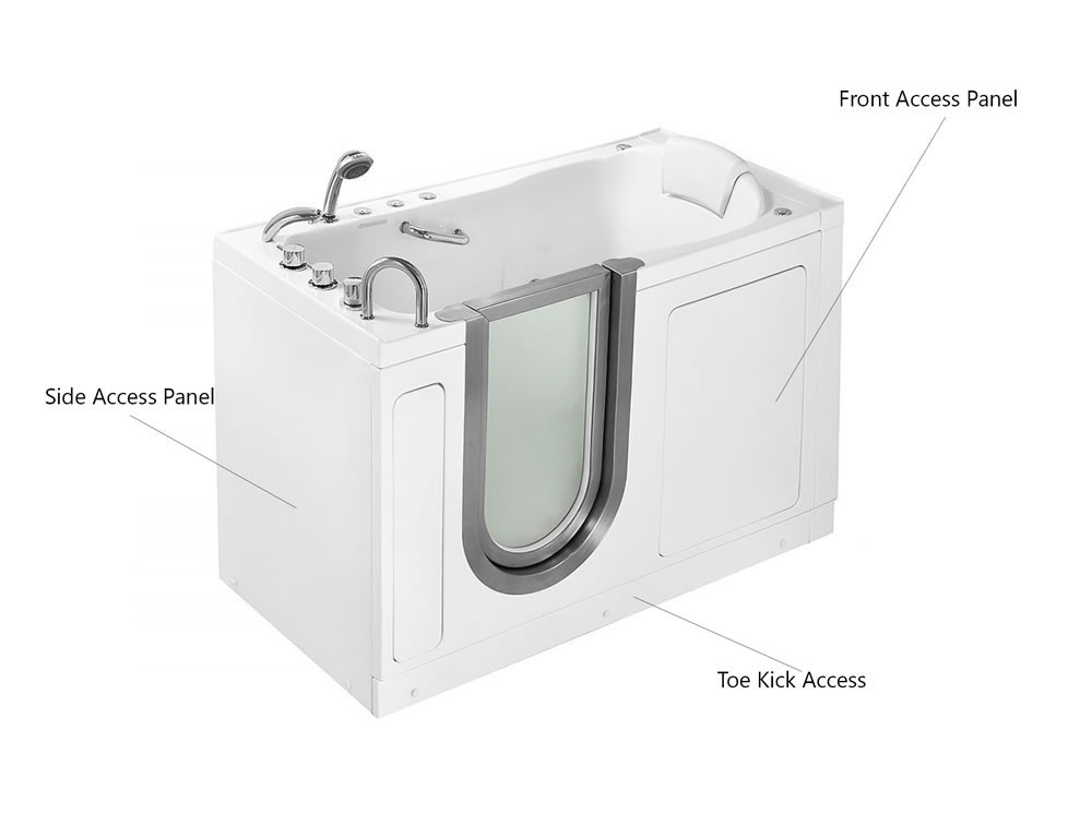 white walk-in tub shown at an angle with labels for side access panel front access panel and toe kick access