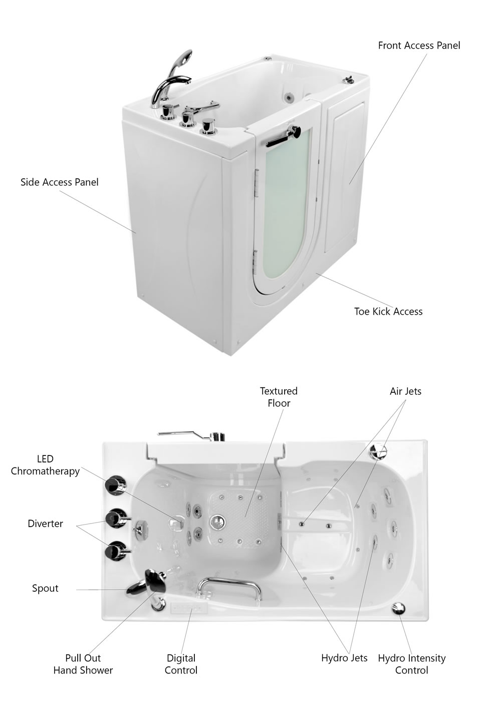 Compact walk in bathtub with labeled access panels textured floor LED chromatherapy digital control hydro and air jets