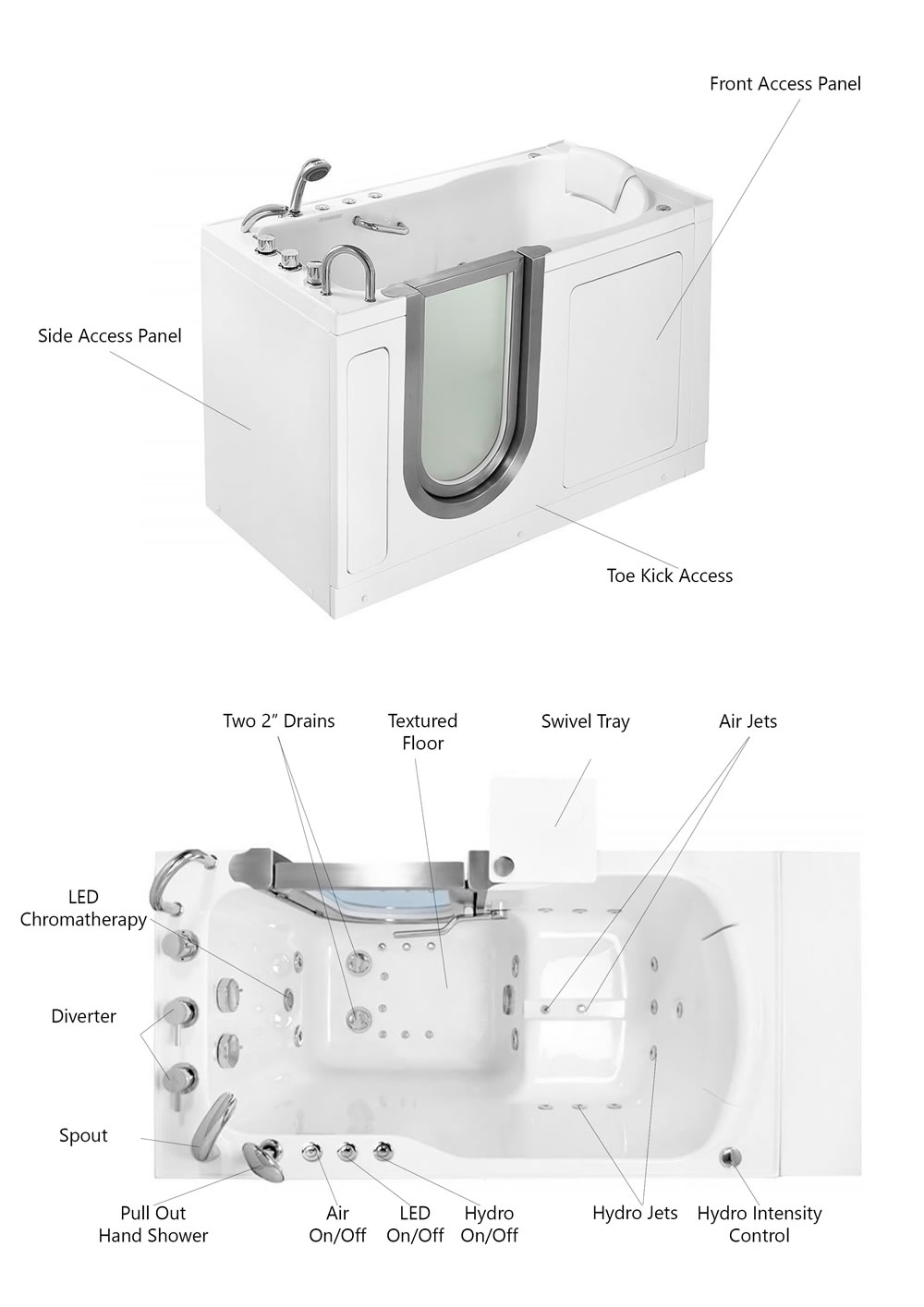 White walk-in tub shown from the side with front and side access panels and toe-kick access and a top-down view labeling drains textured floor swivel tray air jets hydro jets hydro intensity control LED chromatherapy diverter spout pull-out hand shower and air LED and hydro on/off controls