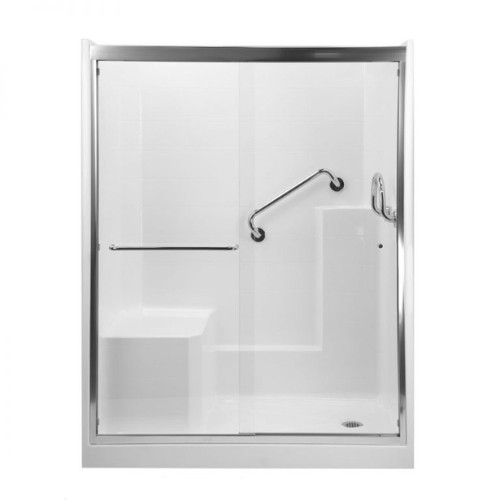 Frontal view of accessible shower enclosure with sliding glass doors built in bench and stainless grab bars