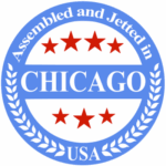 Blue and white circular badge with six red stars and text Assembled and Jetted in Chicago USA