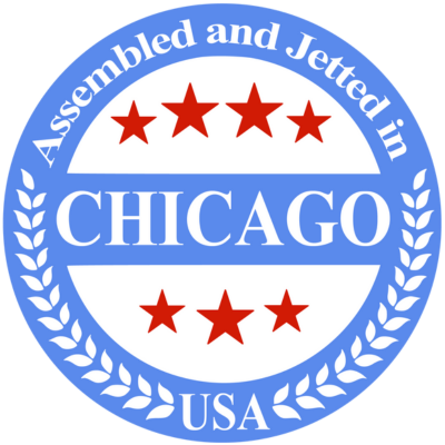 Blue and white circular badge with six red stars and text Assembled and Jetted in Chicago USA