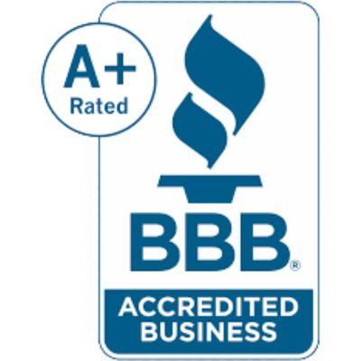 Blue BBB Accredited Business logo featuring torch icon and A plus rated badge
