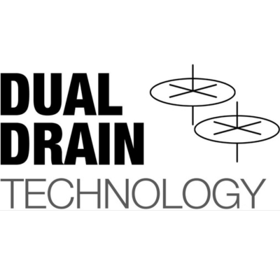 Dual Drain Technology text with two drain symbols in black outline