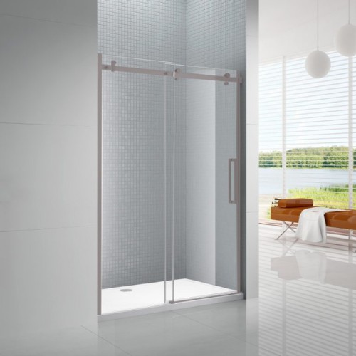 Minimalist walk in shower with frameless sliding glass door chrome hardware and mosaic tile wall