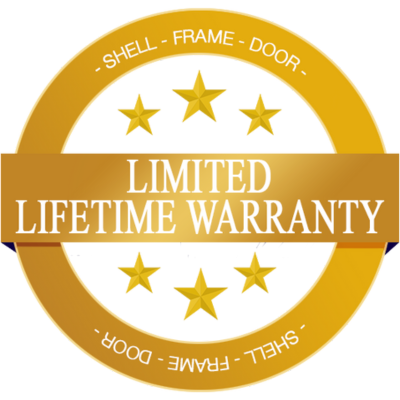Gold circular limited lifetime warranty seal with five stars and shell frame door text