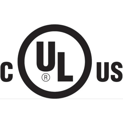 Black UL certification mark with c and us letters indicating Canadian and United States listing