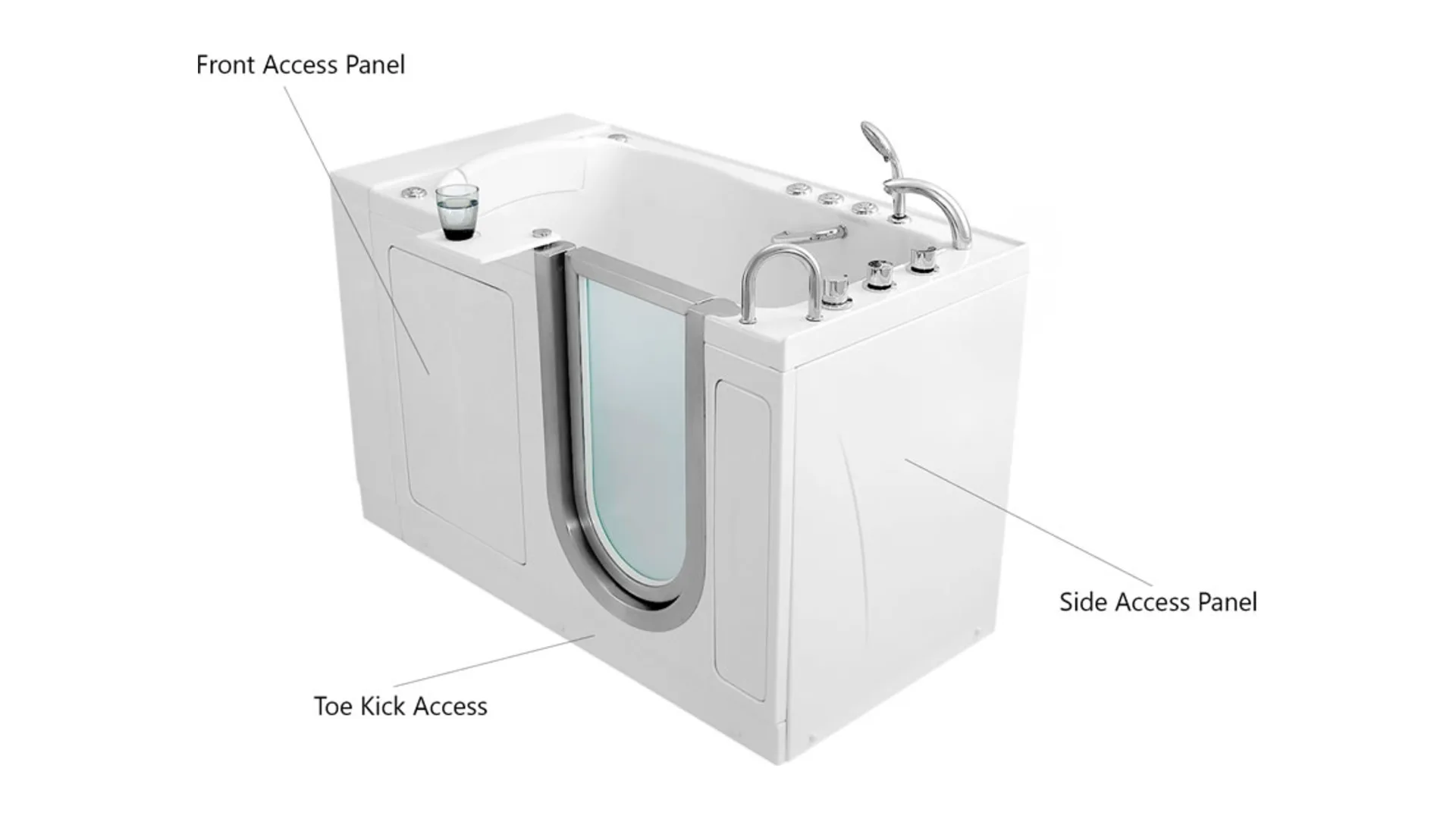 Ella Elite walk-in tub: front, side and toe-kick access panels